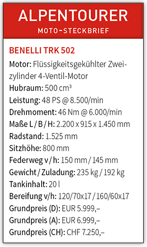 Saisontest Benelli TRK502 » 8 Benelli TRK502 Technische Daten